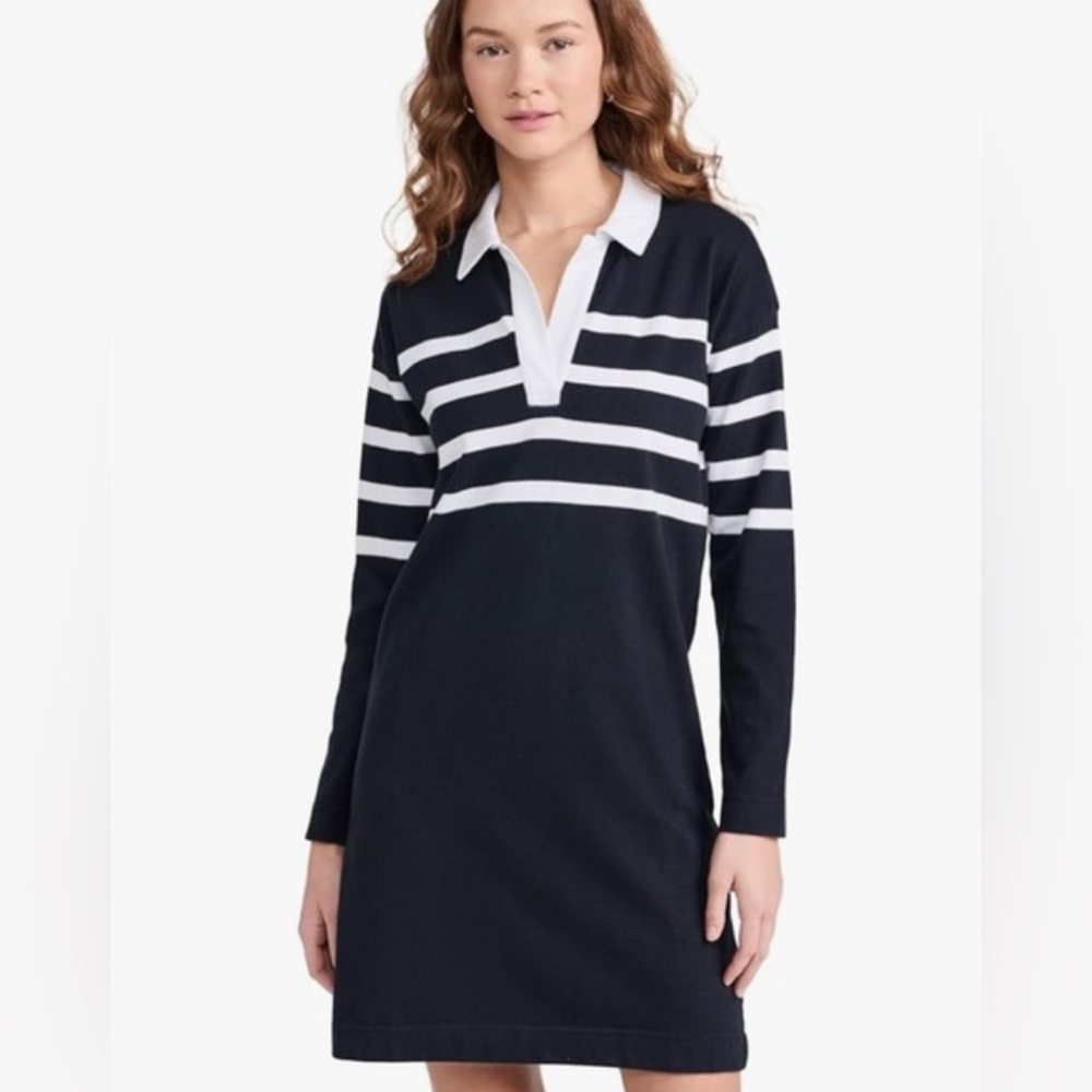 Faherty Rugby Jersey Polo Dress white navy striped long sleeve XS